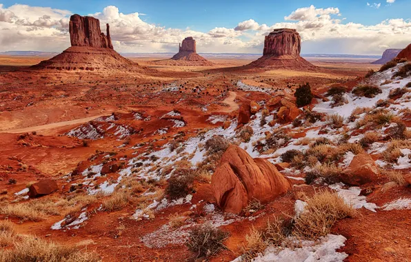Picture the sky, clouds, snow, rocks, desert, AZ, USA, Monument Valley