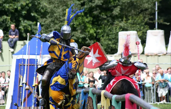 Picture armor, knights, historical reconstruction, Juste, tournament, competition, &quot;joust&quot;, duel with spears, horse-copain collision