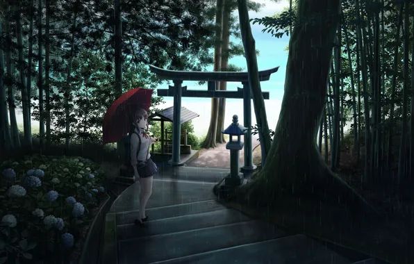 Picture girl, trees, flowers, nature, rain, umbrella, anime, art, the camera, ladder, schoolgirl, ume32ki