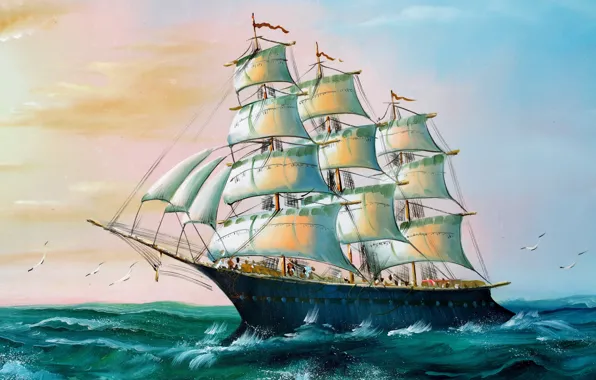 Picture Sea, Figure, Birds, Ship, Sailboat, Day, Seagulls, Painting, Side view