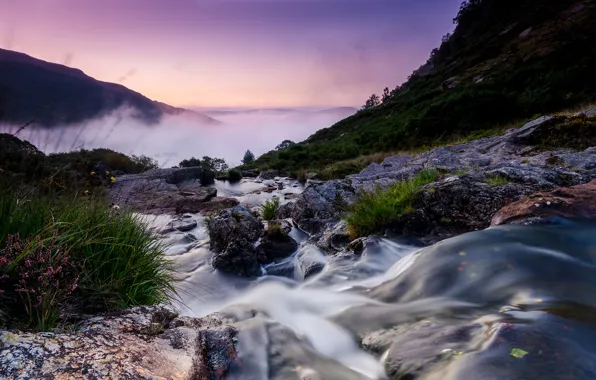 Picture landscape, mountains, fog, river, stones, stream, morning, UK, Wales