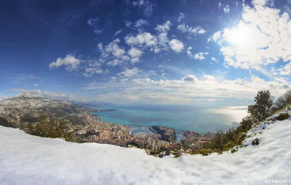 Picture winter, sea, snow, city, home, Monaco
