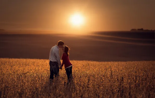 Picture field, girl, the sun, space, guy, lovers, bokeh
