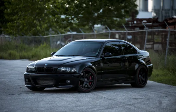 Picture trees, reflection, black, black, bmw, BMW, coupe, the fence, wheels, drives, black, e46, tinted