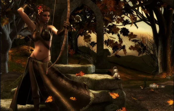 Picture autumn, girl, trees, stones, bow, Archer, protein, art, elf