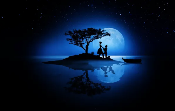 Picture love, night, the moon, romance, stars, pair, silhouettes, Valentine's day