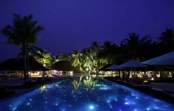 Picture night, tropics, pool, houses, the Maldives, pool, sunbeds, Palma.