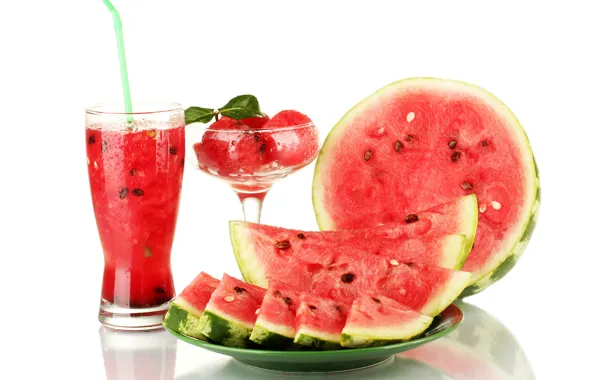 Picture drops, red, glass, watermelon, juice, plate, white background, vase, tube, seeds, slices
