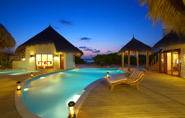 Picture sea, bed, the evening, pool, houses, the Maldives, pool, sunbeds, sand.