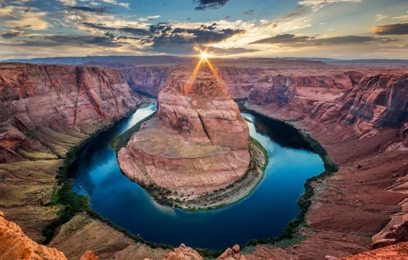 Picture the sky, the sun, clouds, rays, river, Colorado, canyon, AZ, USA, state, Horseshoe (Horseshoe Bend)