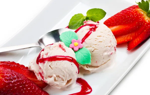 Picture balls, strawberry, spoon, ice cream