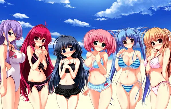 Picture kawaii, girl, pantsu, bra, beach, panties, green eyes, boobs, breast, anime, blue eyes, beautiful, pretty, …