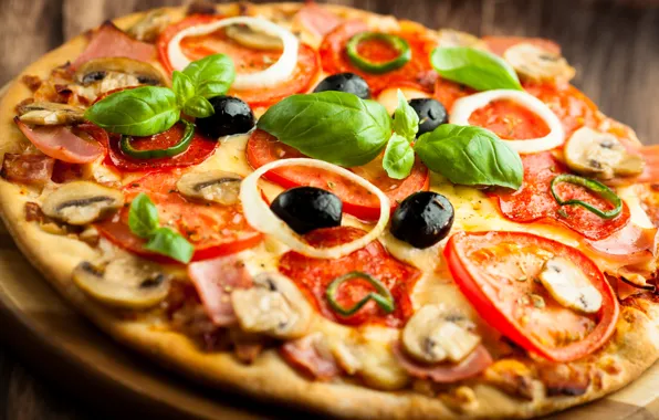 Picture mushrooms, cheese, pepper, pizza, tomatoes, pizza, dish, olives, ham