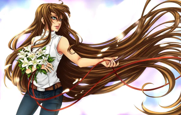 Picture look, girl, flowers, bouquet, anime, profile, long hair, ribbons