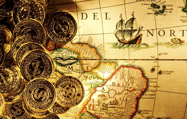 Picture gold, map, money, wallpaper, pirates, coins