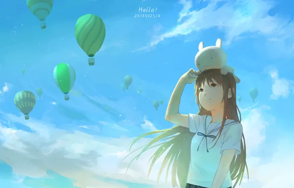 Picture the sky, girl, clouds, smile, balloons, anime, art, exe336