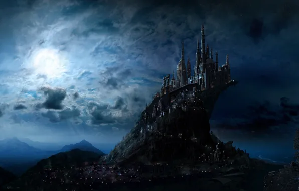 Picture the sky, light, night, the city, castle, fiction, the moon, art, fantasy