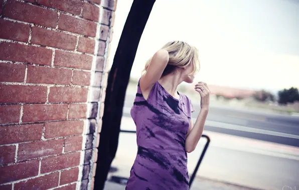 Picture girl, wall, dress, woman, bricks, model, purple, blonde, female, purple dress, Rachel Yampolsky, brick wall