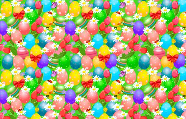 Picture butterfly, bright, ladybug, chamomile, eggs, Easter, tulips, bows