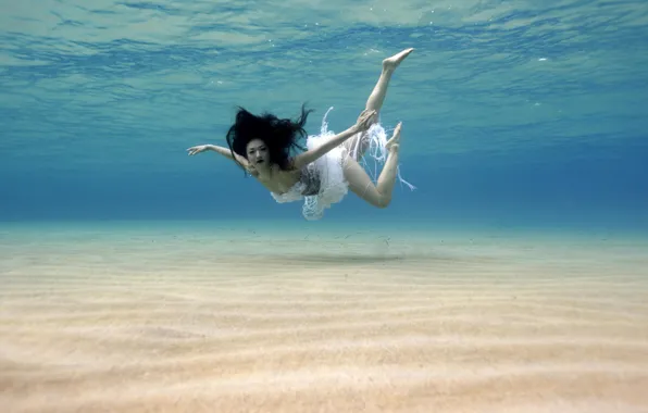 Picture dress, underwater, water, sand, Woman, asian, female