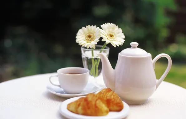 Picture flowers, tea, kettle, Cup, vase, table, buns