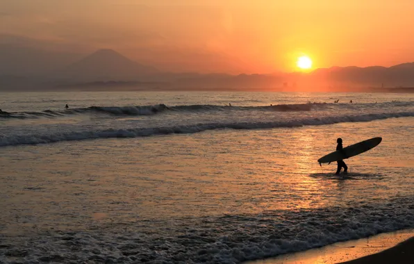 Picture waves, beach, twilight, sea, sunset, dusk, surfboard, extreme sport, suerfers