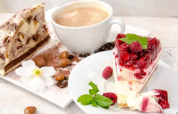 Picture berries, raspberry, coffee, food, chocolate, grain, Cup, cake, pieces, nuts, dessert, cakes