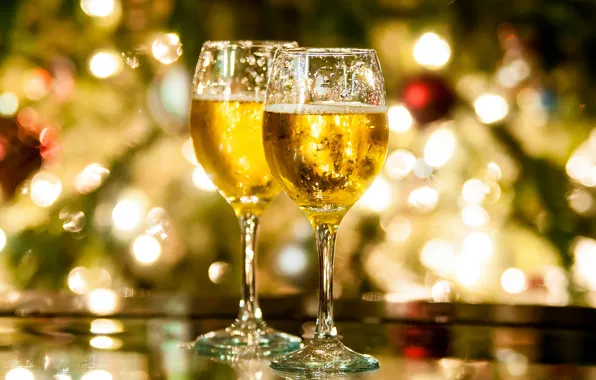 Picture lights, table, glasses, champagne, holidays, bokeh