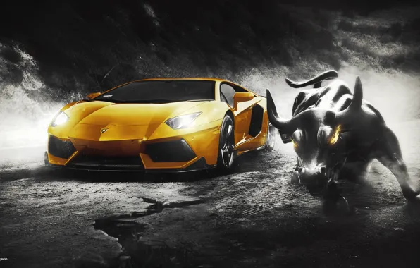 Picture Lamborghini, Wall, Design, Yellow, LP700-4, Aventador, Supercar, Bull