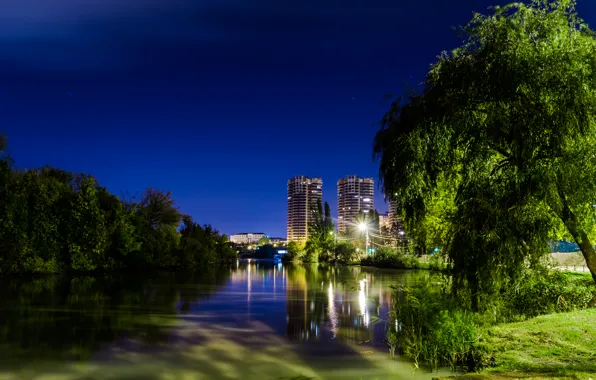 Picture the sky, night, the city, Park, river, tree, the evening