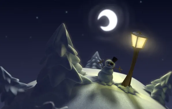 Picture snow, the moon, tree, lantern, snowman