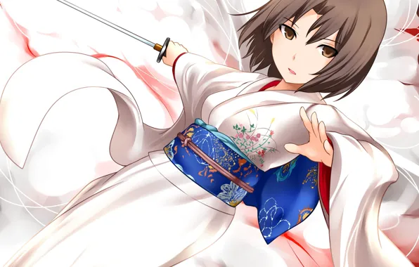 Picture girl, sword, katana, art, kimono, kara no kyoukai, yougi shiki, young