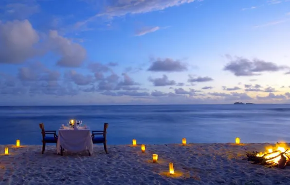 Picture beach, the ocean, romance, candles, the fire, beach, romantic, dinner, dinner