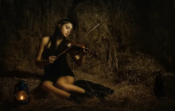 Picture girl, violin, lamp, hay
