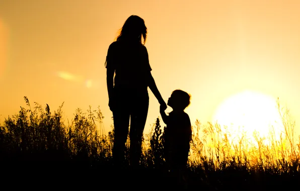 Picture the sun, sunset, silhouettes, mom, son