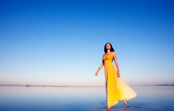 Picture girl, beach, yellow, alone, walking