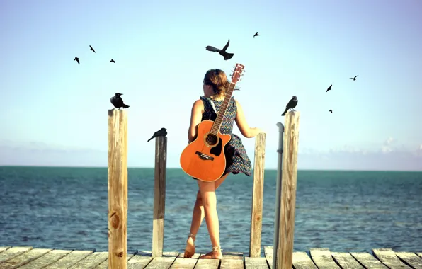Picture sea, girl, birds, mood, guitar