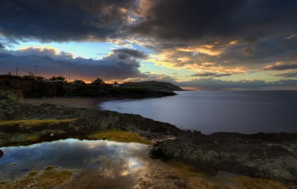Picture sea, sunset, clouds, shore, the evening, the village