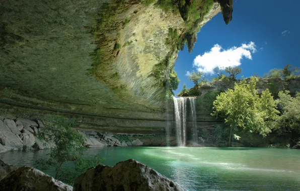 Picture the sky, water, trees, waterfall, cloud, gorge, Hamilton Pool Preserve, underground lake, Hamilton Pool, Texas