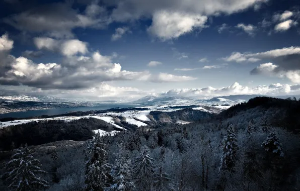 Picture winter, the sky, clouds, snow, trees, landscape, mountains, the slopes, horizon
