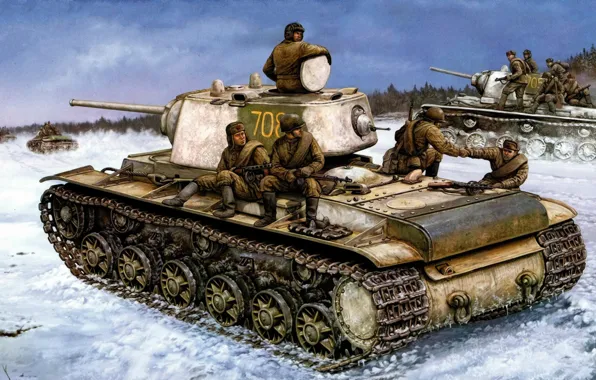 Picture war, art, painting, ww2, russian tank, russian infantry, KV-1, red army