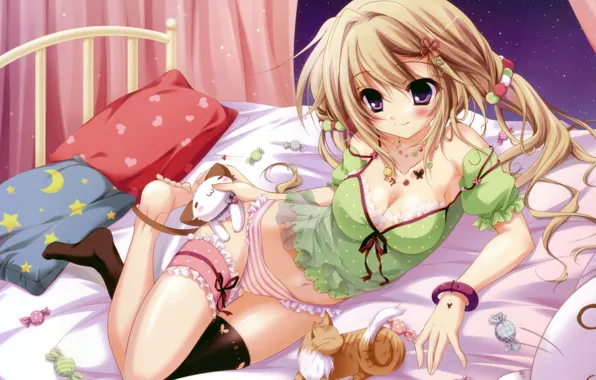 Picture pillow, anime, candy, blonde, flirting, ruffles, big eyes, ginger kitten, girl, lying in bed