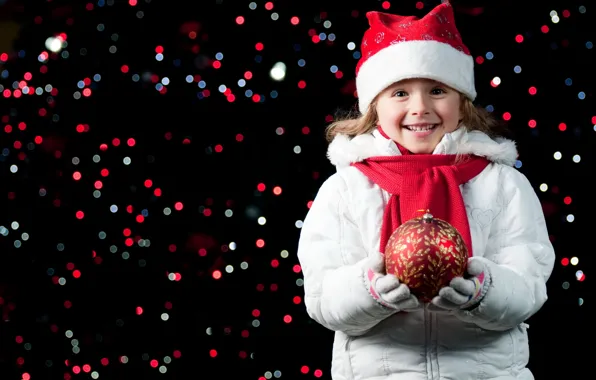 Picture joy, happiness, night, lights, smile, mood, holiday, hat, new year, ball, child, girl, gloves, new …