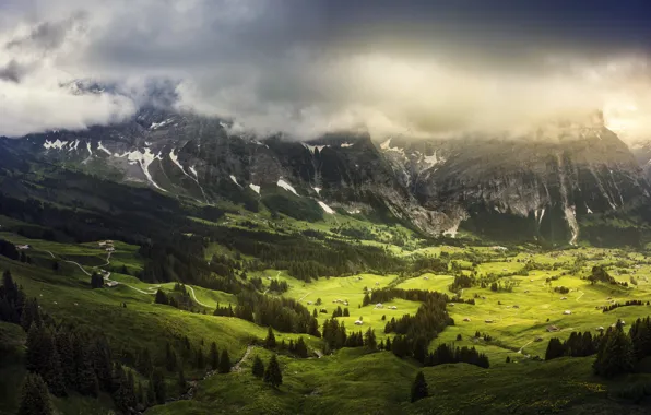 Picture greens, summer, clouds, Switzerland, valley, in the Canton of Bern, Grindelwald