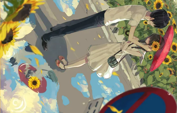 Picture drops, sunflowers, umbrella, girl, puddles, guy, bag, date, embarrassment, sailor