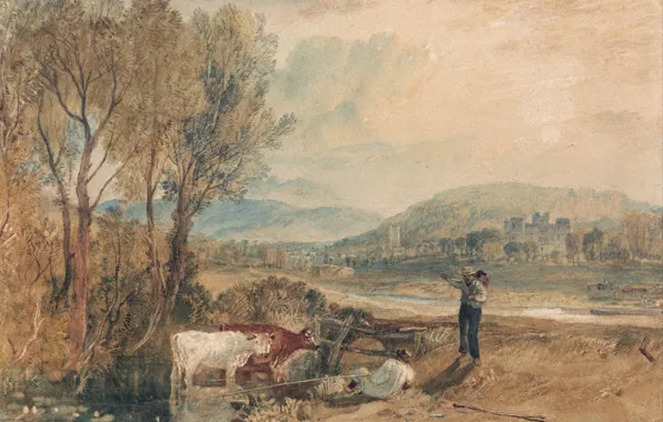 Picture landscape, mountains, river, picture, cows, watercolor, shepherd, Dorset, William Turner, Castle Lulworth