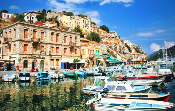 Picture summer, building, home, boats, Greece, pier, summer, boats, promenade, Greece, The Aegean sea, Simi, Symi