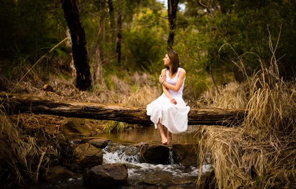 Picture forest, girl, calm, girl, forest, serenity, white clothes, white clothes, wood bridge, wooden bridge
