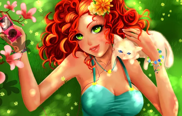 Picture look, girl, flowers, tree, cat, anime, art, red hair, green eyes, ziecoco, summer. player