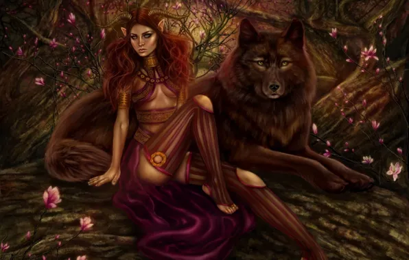 Picture forest, girl, trees, flowers, wolf, predator, the demon, art, horns, red, demoness